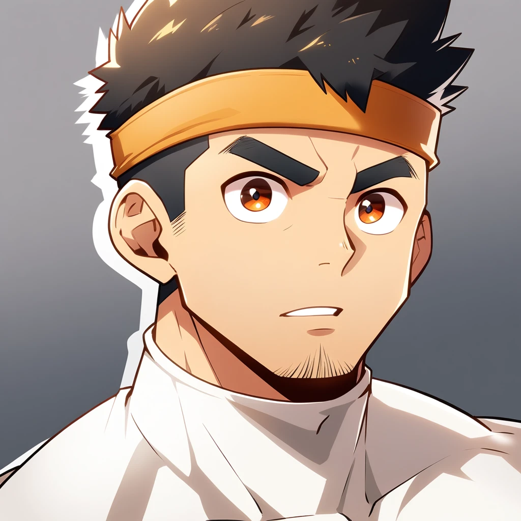anime characters：Gyee, Muscle Sports Student, Manliness, sports headband, male focus, Cute boy with big eyes, Brown high collar long sleeve tight T-shirt, Slightly transparent material, Very tight, Round, full and perky chest muscles, Slightly transparent, muscular male, muscular, only, Upper body, alone, Black short hair, Thick eyebrows, stubble, Cute little eyes, Brown-red pupils, Grey background, simple background, amazing quality, best aesthetics, Ridiculous, crew cut, parted lips, v-shaped eyebrows, jitome, drop shadow, best quality