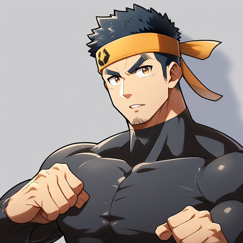 anime characters:Gyee, Muscle Sports Student, Manliness, sports headband, male focus, Cute boy with big eyes, Brown high collar long sleeve tight T-shirt, Slightly transparent material, Very tight, Round, full and perky chest muscles, Slightly transparent, muscular male, muscular, only, Upper body, alone, Black short hair, Thick eyebrows, stubble, Cute little eyes, Brown-red pupils, Grey background, simple background, amazing quality, best aesthetics, Ridiculous, crew cut, parted lips, v-shaped eyebrows, jitome, drop shadow, best quality