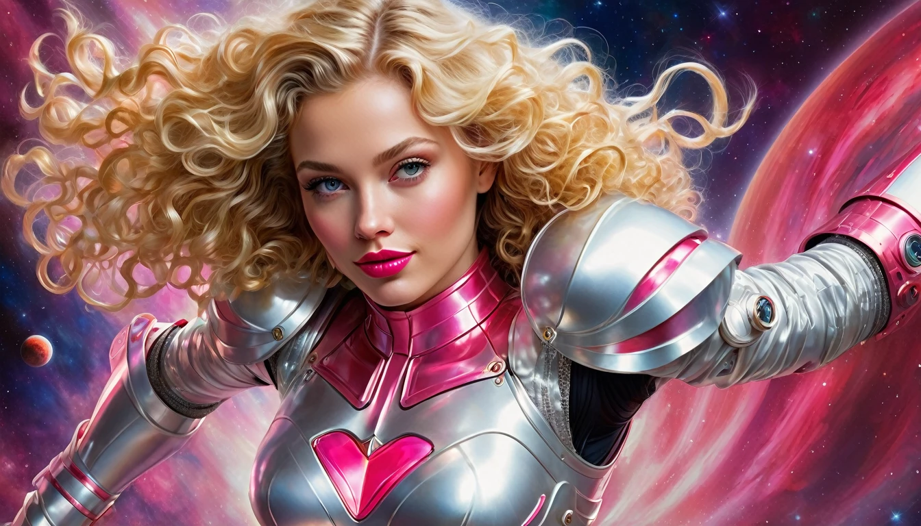 High-quality realistic acrylic painting, VIVID COLORS, a beautiful woman with long blonde curly hair, red lips, looking at the viewer with suspicious face and a shy smile. She wears white and pink shiny ultra-glossy armor, with the hands in waist, against a deep space background