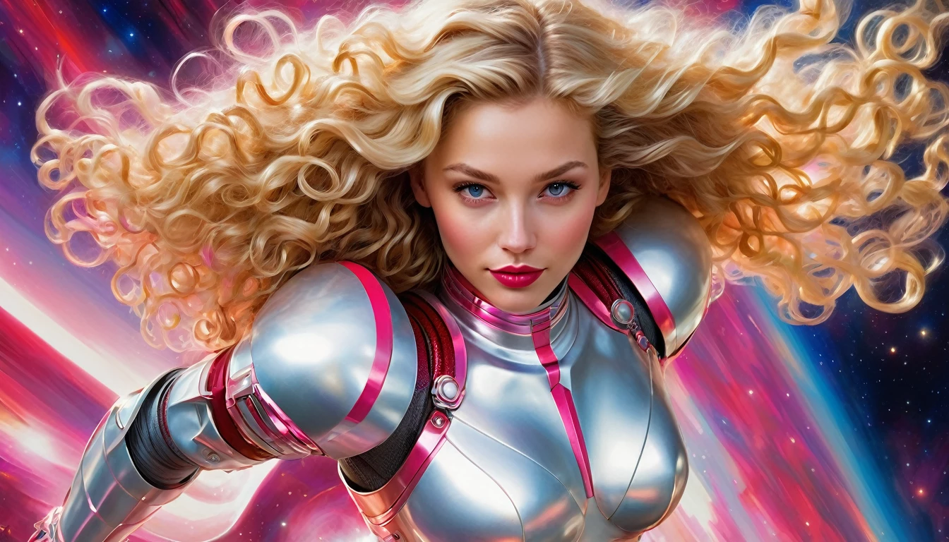 High-quality realistic acrylic painting, VIVID COLORS, a beautiful woman with long blonde curly hair, red lips, looking at the viewer with suspicious face and a shy smile. She wears white and pink shiny ultra-glossy armor, with the hands in waist, against a deep space background