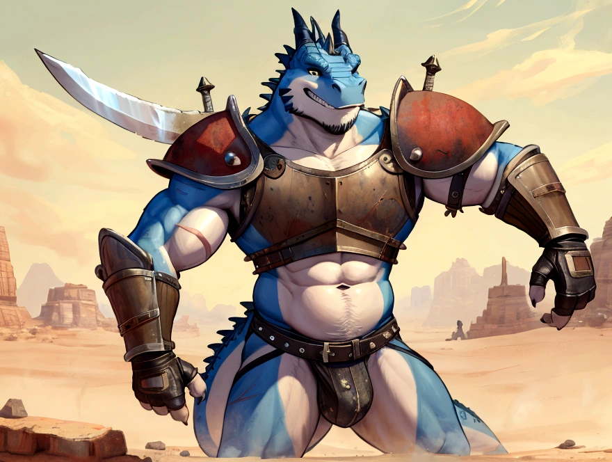 Solo Sexy young anthro scalie dragon male mercenary medieval solider, slim endomorph muscular, anthro handsome gay shorter muzzle, handsome gay model male apperance, sword scars, worn out leather skimpy armament, low on hips heavy leather belt, old very worn out skimpy dirty linen material jockstrap, old yellow dirty worn out stains on white sawn jockstrap, very visible "x" brown seam pattern on the jockstrap, studded skimpy armlets breastplate armor, skimpy breastplate, red husk, leather bondages, fingerless leather gloves, smelly unwashed husk, dirty body look, desert battlefield, standing in sexy victorious position over me, dirty playfull grin, close view of full character from bellow, view from ground under his jockstrap