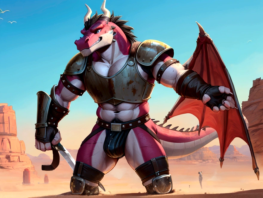 Solo Sexy young anthro scalie dragon male mercenary medieval solider, slim endomorph muscular, anthro handsome gay shorter muzzle, handsome gay model male apperance, sword scars, worn out leather skimpy armament, low on hips heavy leather belt, old very worn out skimpy dirty linen material jockstrap, old yellow dirty worn out stains on white sawn jockstrap, very visible "x" brown seam pattern on the jockstrap, studded skimpy armlets breastplate armor, skimpy breastplate, red husk, leather bondages, fingerless leather gloves, smelly unwashed husk, dirty body look, desert battlefield, standing in sexy victorious position over me, dirty playfull grin, close view of full character from bellow, view from ground under his jockstrap