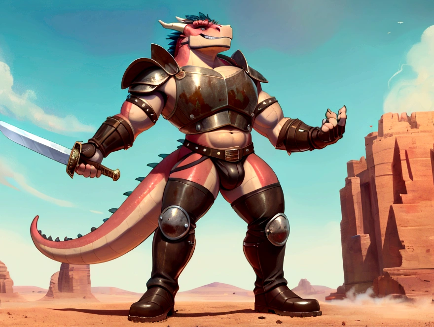 Solo Sexy young anthro scalie dragon male mercenary medieval solider, slim endomorph muscular, anthro handsome gay shorter muzzle, handsome gay model male apperance, sword scars, worn out leather skimpy armament, low on hips heavy leather belt, old very worn out skimpy dirty linen material jockstrap, old yellow dirty worn out stains on white sawn jockstrap, very visible "x" brown seam pattern on the jockstrap, studded skimpy armlets breastplate armor, skimpy breastplate, red husk, leather bondages, fingerless leather gloves, smelly unwashed husk, dirty body look, desert battlefield, standing in sexy victorious position over me, dirty playfull grin, close view of full character from bellow, view from ground under his jockstrap