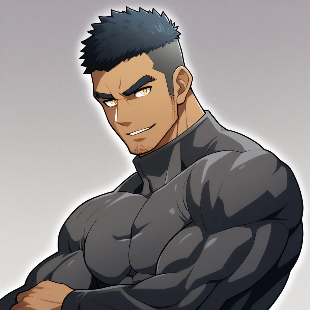 anime characters：Gyee, Muscle Sports Student, negro black skin, 1 dark skin muscular tough guy, Manliness, male focus, Dark grey high collar long sleeve wetsuit, Matte texture, Very tight, Round, full and perky chest muscles, Slightly transparent, muscular male, muscular, only, Upper body, alone, Black short hair, Thick eyebrows, stubble, Yellow eyes, Grey background, simple background, amazing quality, best aesthetics, Ridiculous, bright pupils, crew cut, parted lips, seductive smile, torogao, naughty face,  best quality