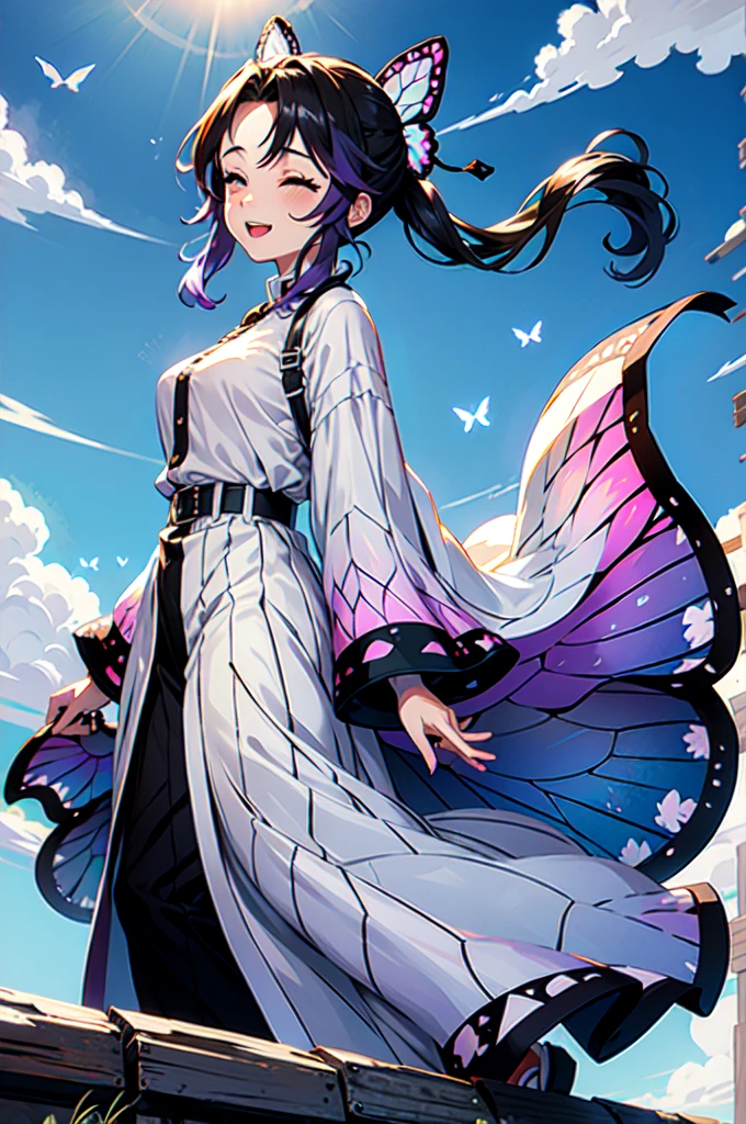 shinobu, long hair, 1girl, open breast, sexy, solo, smile, short hair, black hair, hair ornament, long sleeves, standing, full body, closed eyes, purple hair, flower, outdoors, japanese clothes, sky, belt, pants, cloud, wide sleeves, from side, parted bangs, night, bird, sandals, bug, animal print, butterfly, blue flower, butterfly hair ornament, haori, field, white belt, blue butterfly, demon slayer uniform, butterfly print, butterfly on hand, masterpiece, royal background, magical,