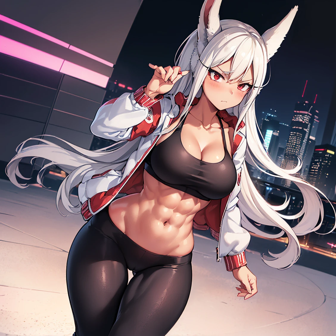 ((1girl)), ((alone)),mirko, ((extremely detailed CG unity 4k wallpaper)), (masterpiece), (ultra quality), (ultra detailed), (best illustration), (best shadow ), (extremely detailed), looking at viewer, (absurdities), (detailed background), curvy body, dynamic pose, cowboy photo, large breasts, medium waist, wide hips, wide thighs, round butt,((women dark skin, long eyelashes, big breasts, sleeveless, red eyes, hand on hip, parted bangs, white background, thick thighs, high leg leotard, animal ears, muscular, muscular woman,(( red cropped jacket:1.4 , open jacket: 1.2, abs: 1.3, black sports bra: 1.3, neckline: 1.4, collarbone, black yoga pants: 1.4, thigh gap, thick thighs, black pants, night, cityscape, cyberpunk)), ears rabbit,high leg, white hair, long hair, thighs, dark skin, covered navel),smile, closed mouth)), standing, cowboy photo, backlight, ((solo)), ((standing: 1.4, outside ,night, cityscape, streets, city, city lights, (serious expression, blushing, ,sexy, closed mouth, sexy pose), looking forward, ((focus on breasts), point of view: (from middle ), perfect anatomy, perfect hands,