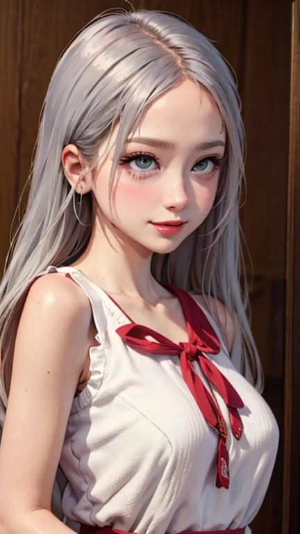 blush a little and smile, (Top quality masterpiece:1.2) Delicate illustrations, Very detailed, /Beautiful Japanese Women、1 person,Very cute and slim、Great style 、((8K images、super high quality))、Very delicate face, Skin and Hair、beautifule forehead、Red lipstick、(((((Long Hair、Silver Hair、lure))))),Very cute Japanese cut face、Eyes and nose are clearly visible、Kind eyes,((((Sleeveless fashion))))