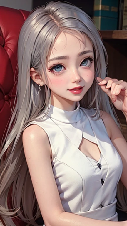 blush a little and smile, (Top quality masterpiece:1.2) Delicate illustrations, Very detailed, /Beautiful Japanese Women、1 person,Very cute and slim、Great style 、((8K images、super high quality))、Very delicate face, Skin and Hair、beautifule forehead、Red lipstick、(((((Long Hair、Silver Hair、lure))))),Very cute Japanese cut face、Eyes and nose are clearly visible、Kind eyes,((((Sleeveless fashion))))