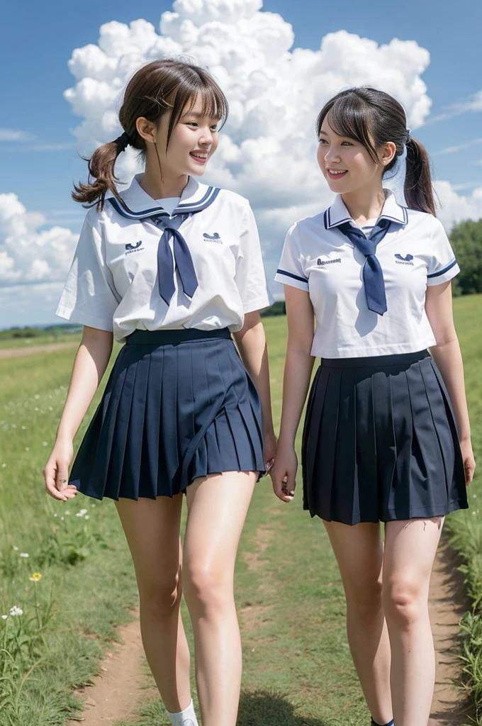 2 girls walking in rural field,cumulonimbus cloud in summer sky,sailor shirt,navy blue pleated skirt,white thong,18-year-old,bangs,a little smile,thighs,knees,short hair with low pigtails bunches,from below,front light