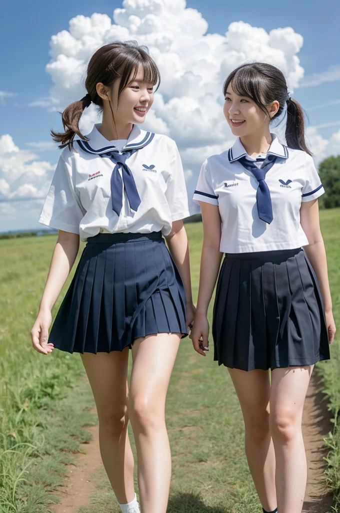 2 girls walking in rural field,cumulonimbus cloud in summer sky,sailor shirt,navy blue pleated skirt,white thong,18-year-old,bangs,a little smile,thighs,knees,short hair with low pigtails bunches,from below,front light