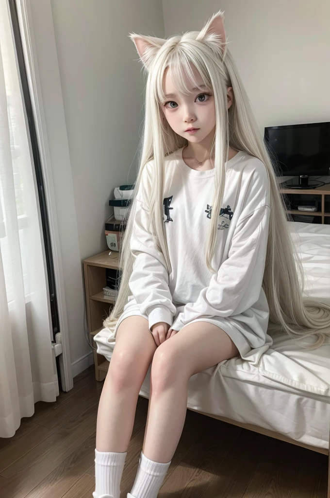 1 cat girl in one room, long white hair, short clothes