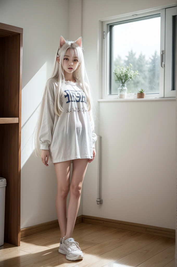 1 cat girl in one room, long white hair, short clothes