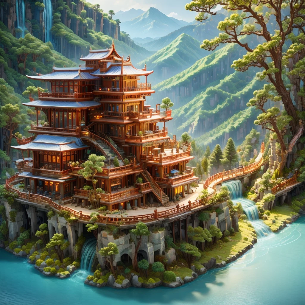 a huge mountain range(The mountain peaks are towering,The mountain is rocky,There are various cliffs on the mountain,Dense vegetation,There are many thousand-year-old trees on the mountain and many waterfalls on the mountain.)There are very beautiful small Chinese buildings on the mountain(magnificent palace,majestic pagoda,Taoist temple,Buddhist temples,pavilion,Chinese villa)lucky beast.,Chinese dragon,best details,The most perfect quality,spectacular mountains,Dongquan Dalang