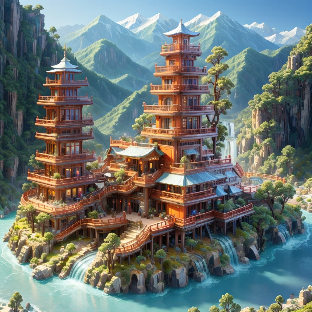 a huge mountain range(The mountain peaks are towering,The mountain is rocky,There are various cliffs on the mountain,Dense vegetation,There are many thousand-year-old trees on the mountain and many waterfalls on the mountain.)There are very beautiful small Chinese buildings on the mountain(magnificent palace,majestic pagoda,Taoist temple,Buddhist temples,pavilion,Chinese villa)lucky beast.,Chinese dragon,best details,The most perfect quality,spectacular mountains,Dongquan Dalang