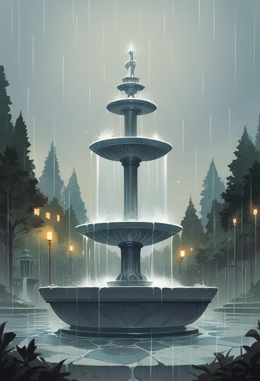 Landscape France fountain, rain cold and violet lights