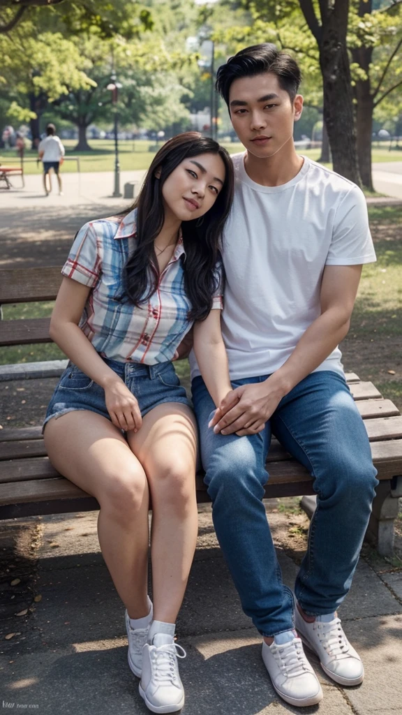 A captivating full-body photo of a Korean man with slicked-back short hair, wearing a striking red flannel shirt, jeans, and bright red sneakers, seated on a park bench with an Asian woman of mixed ethnicity, who has long hair, wears a blue flannel, jeans, and white sneakers. They are sharing a romantic moment in a vibrant park filled with colorful flowers, a blue sky, and a warm, sunlit atmosphere. Their faces are turned towards the camera, showcasing their loving expressions. The bright, cheerful background adds to the overall romantic ambiance of the scene., photo