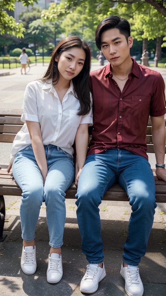 A captivating full-body photo of a Korean man with slicked-back short hair, wearing a striking red flannel shirt, jeans, and bright red sneakers, seated on a park bench with an Asian woman of mixed ethnicity, who has long hair, wears a blue flannel, jeans, and white sneakers. They are sharing a romantic moment in a vibrant park filled with colorful flowers, a blue sky, and a warm, sunlit atmosphere. Their faces are turned towards the camera, showcasing their loving expressions. The bright, cheerful background adds to the overall romantic ambiance of the scene., photo