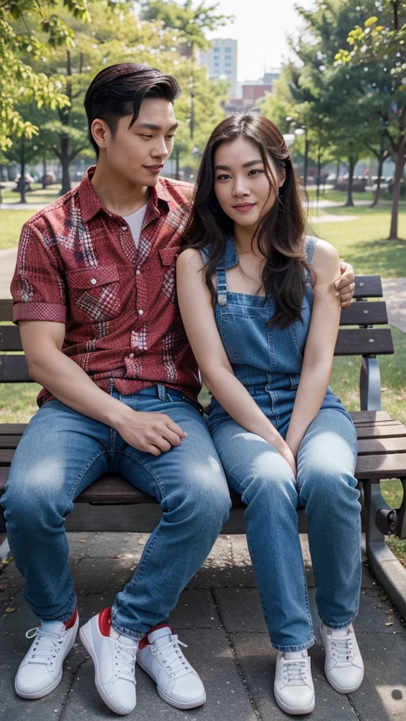 A captivating full-body photo of a Korean man with slicked-back short hair, wearing a striking red flannel shirt, jeans, and bright red sneakers, seated on a park bench with an Asian woman of mixed ethnicity, who has long hair, wears a blue flannel, jeans, and white sneakers. They are sharing a romantic moment in a vibrant park filled with colorful flowers, a blue sky, and a warm, sunlit atmosphere. Their faces are turned towards the camera, showcasing their loving expressions. The bright, cheerful background adds to the overall romantic ambiance of the scene., photo