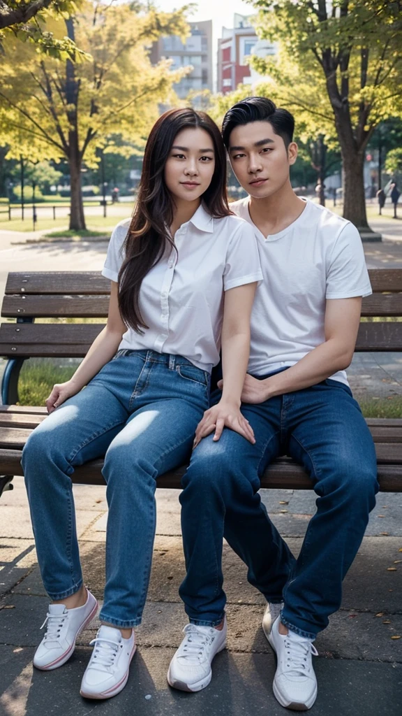 A captivating full-body photo of a Korean man with slicked-back short hair, wearing a striking red flannel shirt, jeans, and bright red sneakers, seated on a park bench with an Asian woman of mixed ethnicity, who has long hair, wears a blue flannel, jeans, and white sneakers. They are sharing a romantic moment in a vibrant park filled with colorful flowers, a blue sky, and a warm, sunlit atmosphere. Their faces are turned towards the camera, showcasing their loving expressions. The bright, cheerful background adds to the overall romantic ambiance of the scene., photo