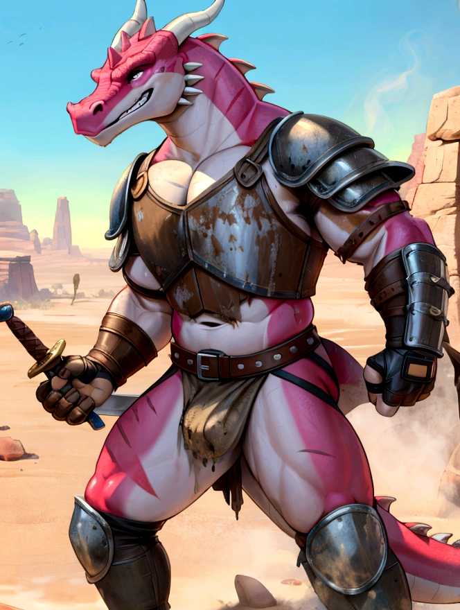 Solo Sexy young anthro scalie dragon male mercenary medieval solider, slim endomorph muscular, anthro handsome gay shorter muzzle, handsome gay model male apperance, sword scars, worn out leather skimpy armament, low on hips heavy leather belt, old very worn out skimpy dirty linen material jockstrap, old yellow dirty worn out stains on white sawn jockstrap, very visible "x" brown seam pattern on the jockstrap, studded skimpy armlets breastplate armor, skimpy breastplate, red husk, leather bondages, fingerless leather gloves, smelly unwashed husk, dirty body look, desert battlefield, standing in sexy fighting position, horny dirty playfull grin, close view of full character