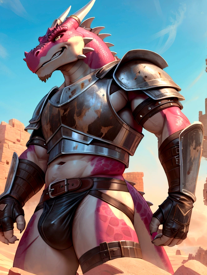 Solo Sexy young anthro scalie dragon male mercenary medieval solider, slim endomorph muscular, anthro handsome gay shorter muzzle, handsome gay model male apperance, sword scars, worn out leather skimpy armament, low on hips heavy leather belt, old very worn out skimpy dirty linen material jockstrap, old yellow dirty worn out stains on white sawn jockstrap, very visible "x" brown seam pattern on the jockstrap, studded skimpy armlets breastplate armor, skimpy breastplate, red husk, leather bondages, fingerless leather gloves, smelly unwashed husk, dirty body look, desert battlefield, standing in sexy fighting position, horny dirty playfull grin, close view of full character