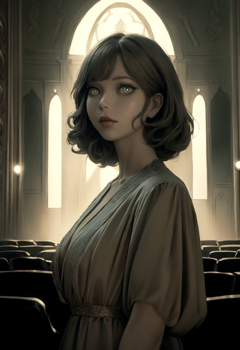 1girl, detailed beautiful eyes, detailed beautiful lips, extremely detailed face, long eyelashes, elegant dress, posing in a theater, ornate interior, lush curtains, classic architecture, dramatic lighting, cinematic mood, muted color palette, atmospheric, photorealistic, masterpiece, 8K, anime style