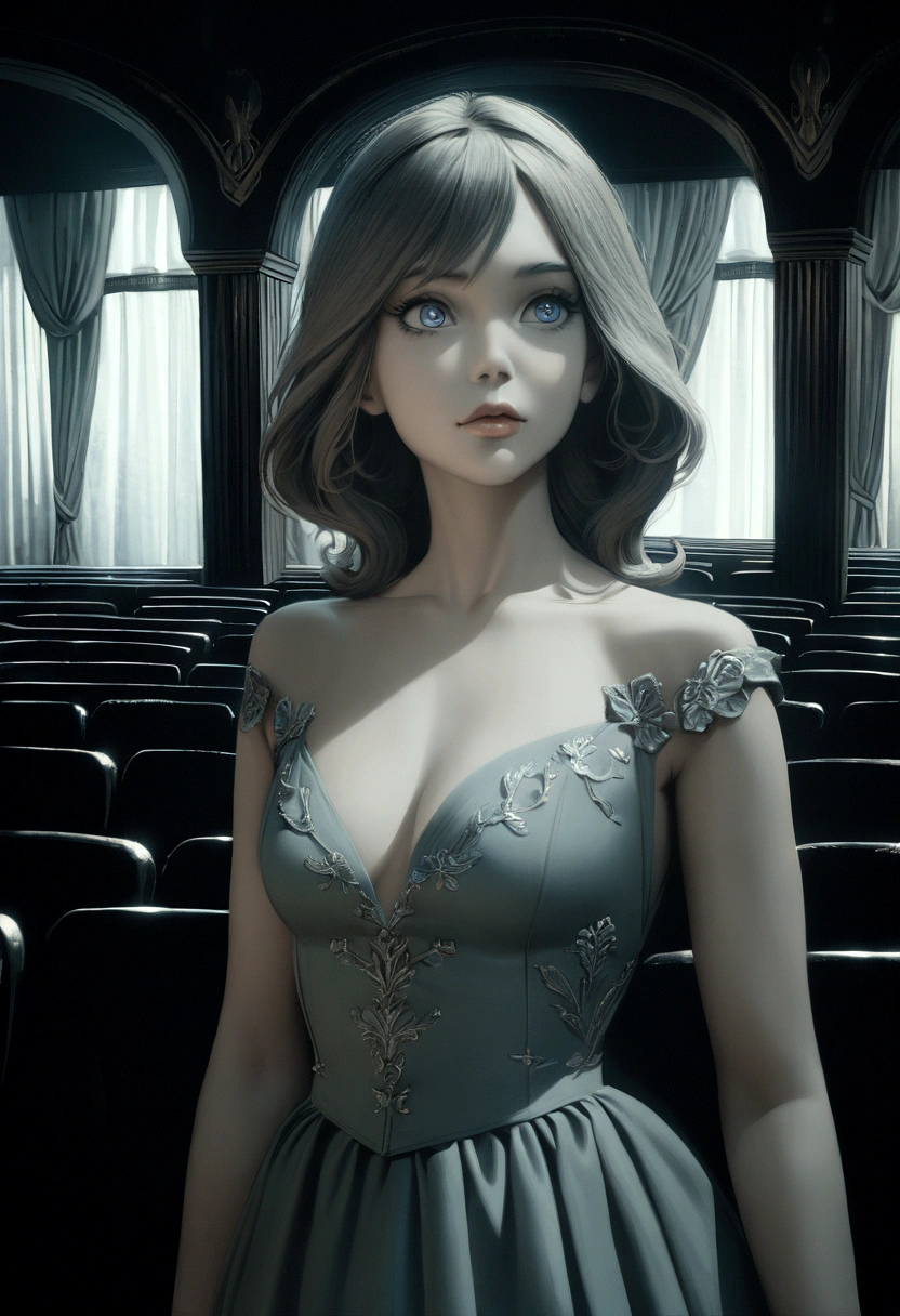 1girl, detailed beautiful eyes, detailed beautiful lips, extremely detailed face, long eyelashes, elegant dress, posing in a theater, ornate interior, lush curtains, classic architecture, dramatic lighting, cinematic mood, muted color palette, atmospheric, photorealistic, masterpiece, 8K, anime style