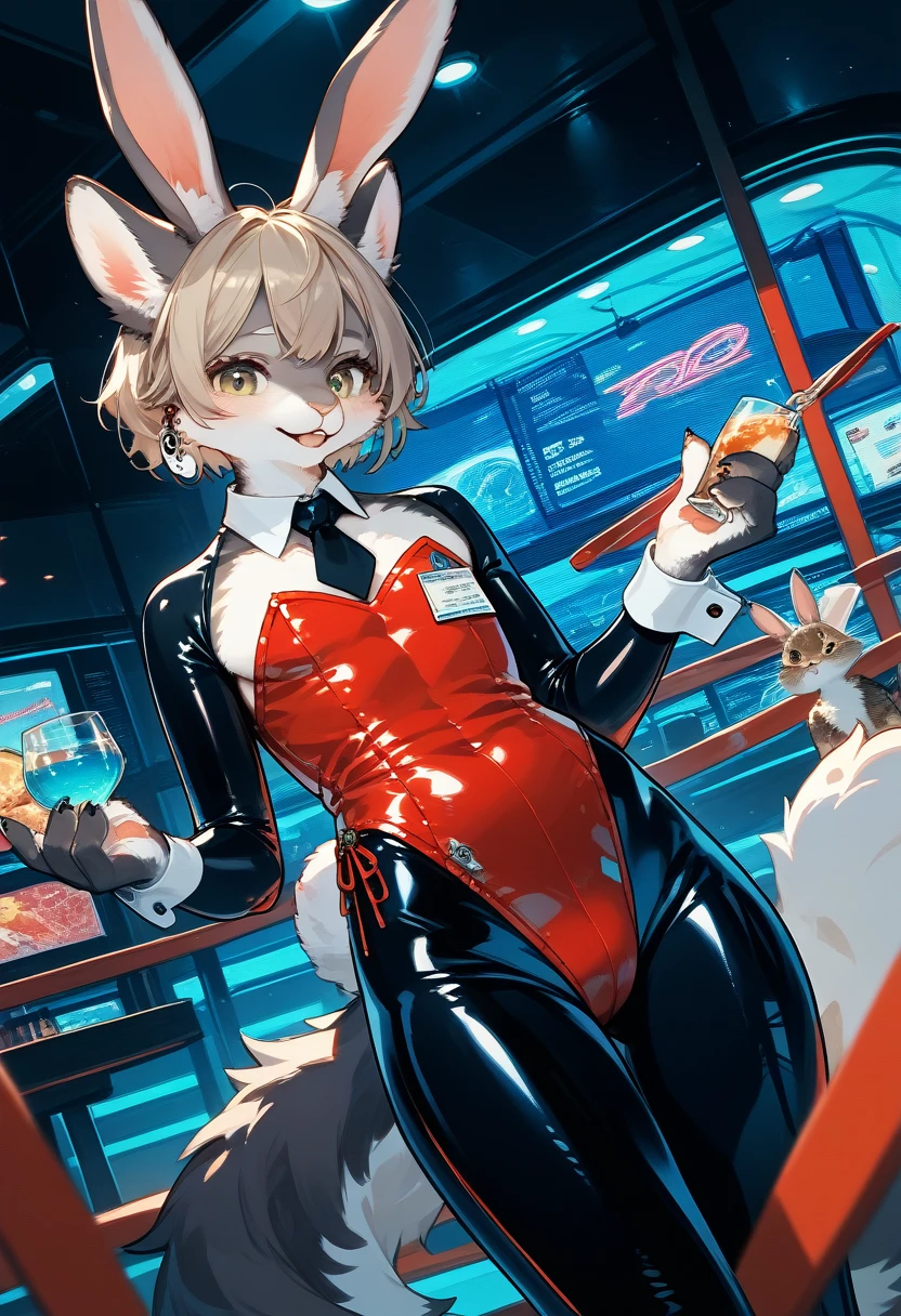 Highest quality, Highest quality, High quality illustrations, masterpiece, Ultra-high resolution, Detailed Background, cyber cafe, Shisha, Absurd, Perfect Anatomy, Performance, Good lighting, Shadows in the movie(kemono, Furry Personification), Rubber suit, Rubber Suit, latex, Earrings, Bunny Suit, rabbit, male