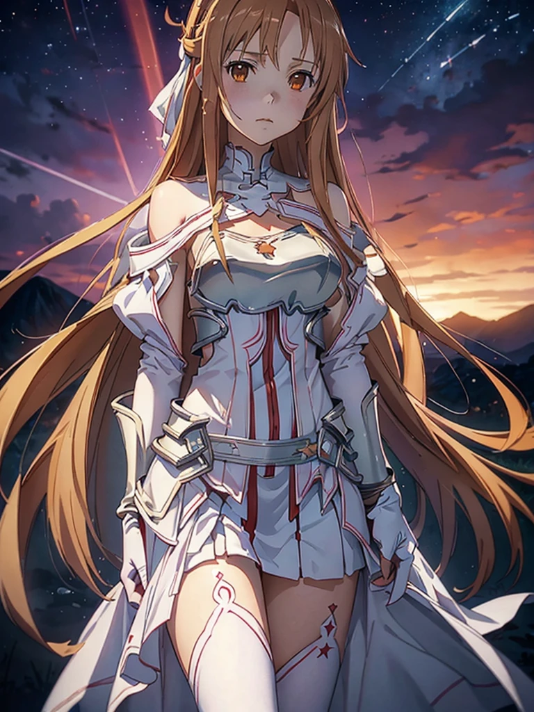 ((masterpiece)), ((Highest quality)), ((Super detailed)), 4K, 8K, High resolution, abyss, girl, (((Asuna, star))), Serious expression, Finding, View your viewers, Looking to the future, Unfinished garment, With sword, Epic battle scenes, Dark fantasy, anime, 2d anime, Concept Art, Cowboy Shot, from the front, From below, darkness, Depth of written boundary