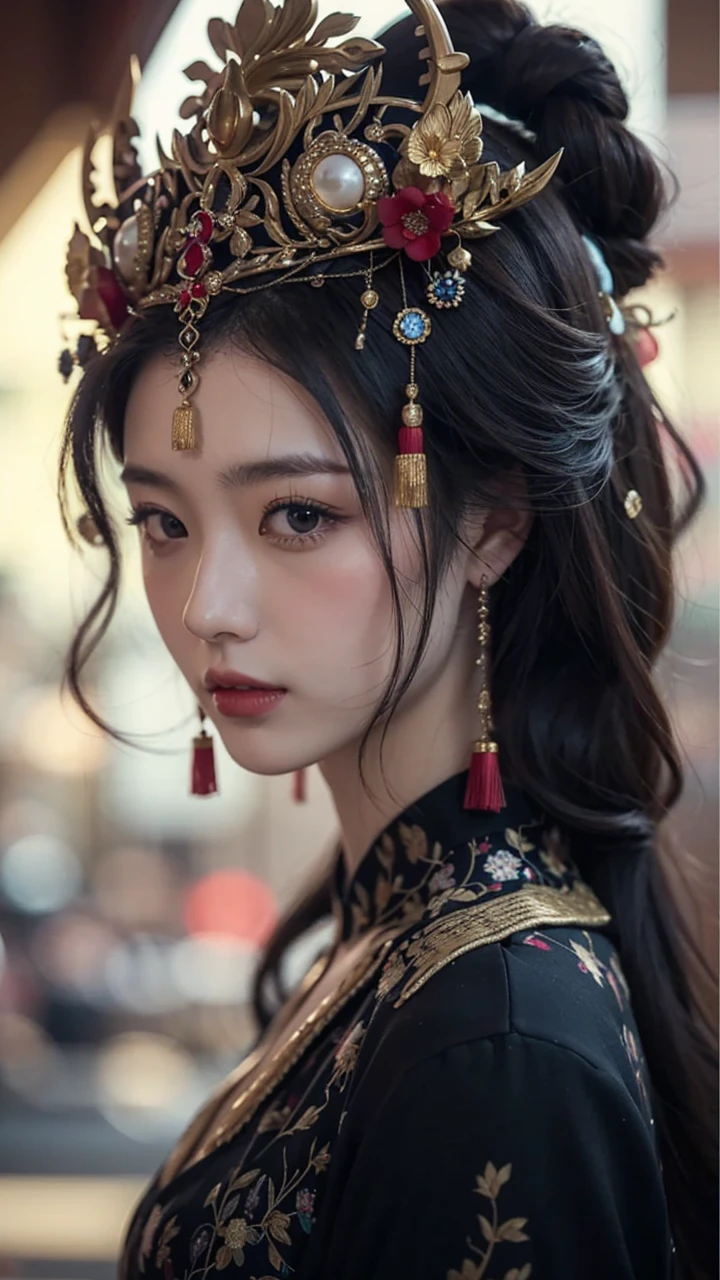 Beautiful Japanese waifu, early 30s, brunette hair, chinese queen’s golden tiara, traditional chinese dres in black with golden patterns