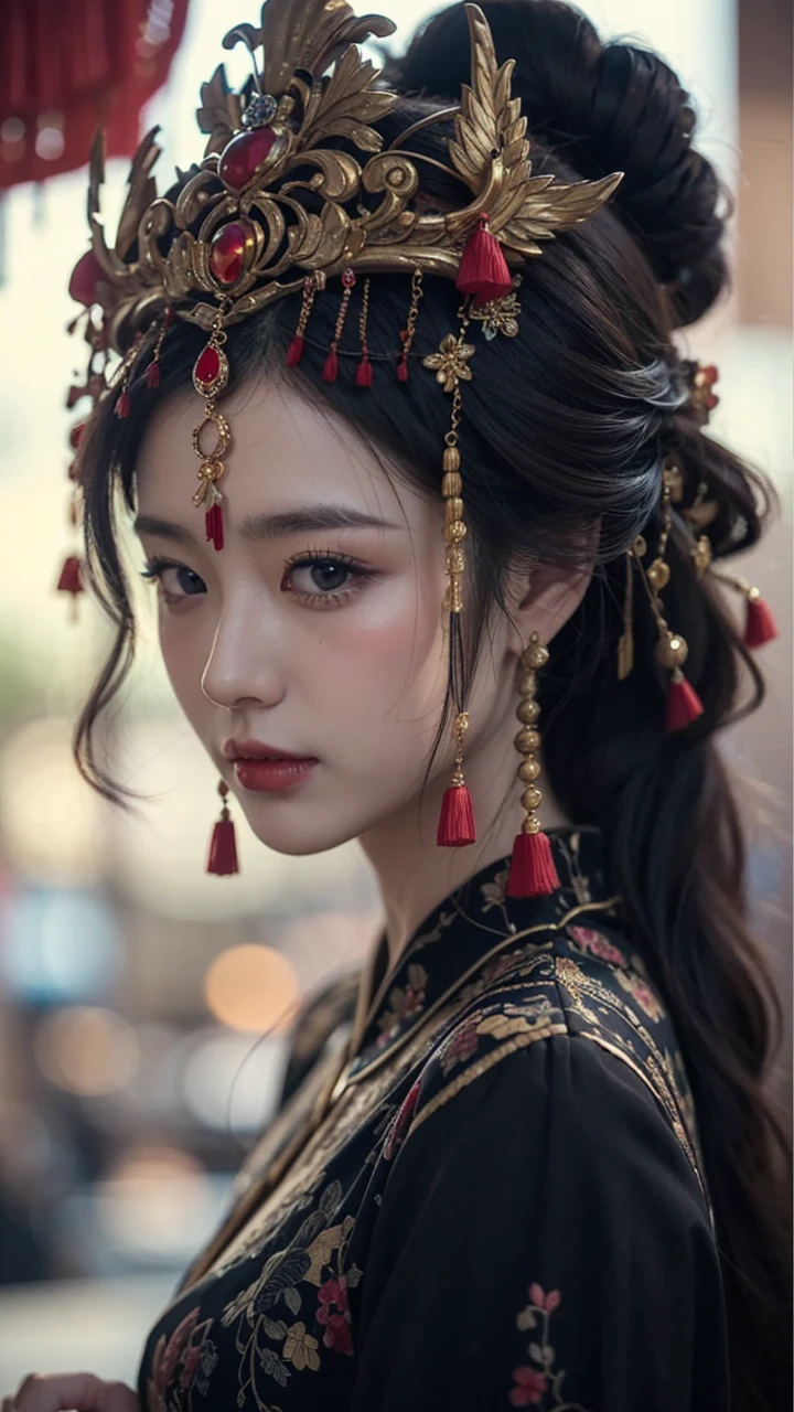 Beautiful Japanese waifu, early 30s, brunette hair, chinese queen’s golden tiara, traditional chinese dres in black with golden patterns