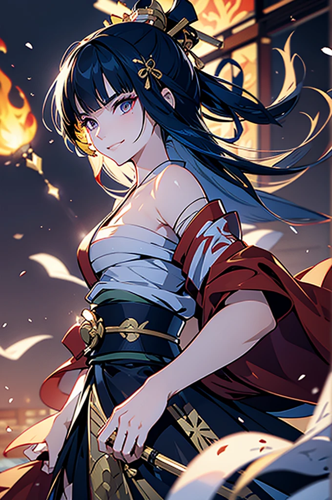 roll up bandage on a  chest tightly to cover the chest without gaps under kimomo, Japanese Gangster BOSS, adult woman with the dignified presence, Killing Qi, wear the kimono, ((kimono come off)) ,wear the kimono multiple times, Bare shoulders and the clavicle, black and gold kimono, put on over jacket of kimono, holding a japanese sword which shine in purple, long sword, eye fire, low angle, whole body, bandage is seen, anime character, inappropriate smile, off sholder, nappropriate smile, Excellent, black blue hair, can see both sholder