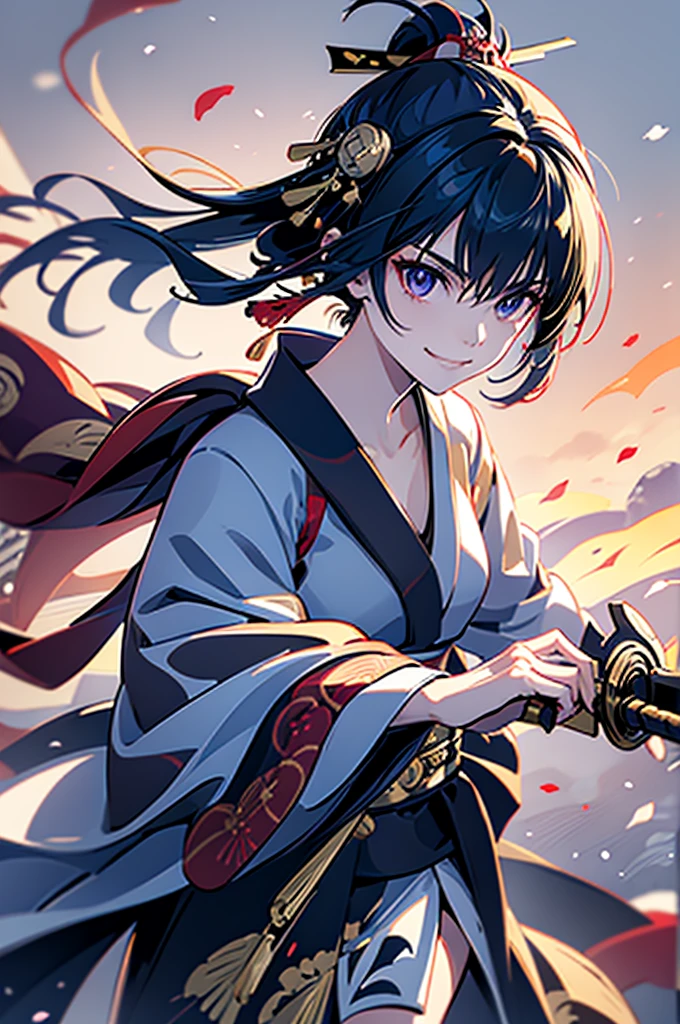 roll up bandage on a chest tightly to cover the chest without gaps under kimomo, Japanese Gangster BOSS, adult woman with the dignified presence, Killing Qi, wear the kimono, ((kimono come off)) ,wear the kimono multiple times, Bare shoulders and the clavicle, black and gold kimono, put on over jacket of kimono, holding a japanese sword which shine in purple, long sword, eye fire, low angle, whole body, bandage is seen, anime character, inappropriate smile, off sholder, nappropriate smile, Excellent, black blue hair, can see both sholder