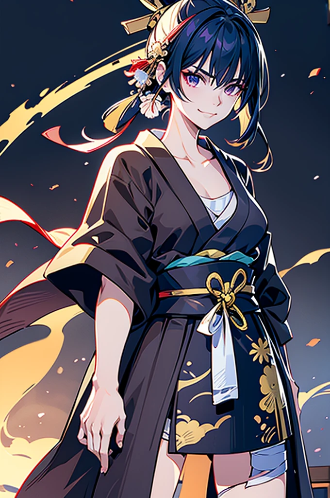 roll up bandage on a  chest tightly to cover the chest without gaps under kimomo, Japanese Gangster BOSS, adult woman with the dignified presence, Killing Qi, wear the kimono, ((kimono come off)) ,wear the kimono multiple times, Bare shoulders and the clavicle, black and gold kimono, put on over jacket of kimono, holding a japanese sword which shine in purple, long sword, eye fire, low angle, whole body, bandage is seen, anime character, inappropriate smile, off sholder, nappropriate smile, Excellent, black blue hair, can see both sholder