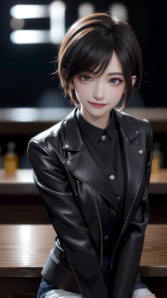 portrait photo of elexissinclaire wearing esjacket at a nightclub sitting at bar, wicked smile, (masterpiece) (best quality) (detailed) (8k) (HDR) (wallpaper) (cinematic lighting) (sharp focus) (intricate)