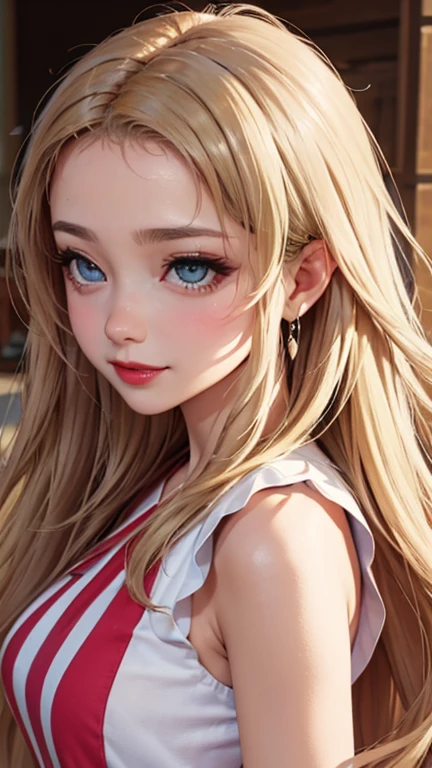 blush a little and smile, (Top quality masterpiece:1.2) Delicate illustrations, Very detailed, /Beautiful Japanese Women、1 person,Very cute and slim、Great style 、((8K images、super high quality))、Very delicate face, Skin and Hair、beautifule forehead、Red lipstick、(((((Long Hair、Blonde、lure))))),Very cute Japanese cut face、Eyes and nose are clearly visible、Kind eyes,((((Sleeveless fashion))))