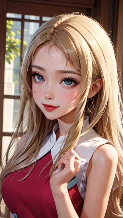 blush a little and smile, (Top quality masterpiece:1.2) Delicate illustrations, Very detailed, /Beautiful Japanese Women、1 person,Very cute and slim、Great style 、((8K images、super high quality))、Very delicate face, Skin and Hair、beautifule forehead、Red lipstick、(((((Long Hair、Blonde、lure))))),Very cute Japanese cut face、Eyes and nose are clearly visible、Kind eyes,((((Sleeveless fashion))))