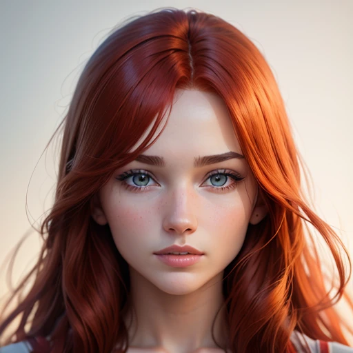 Super realistic features of the face of a beautiful 22-year-old red-haired woman. White background.