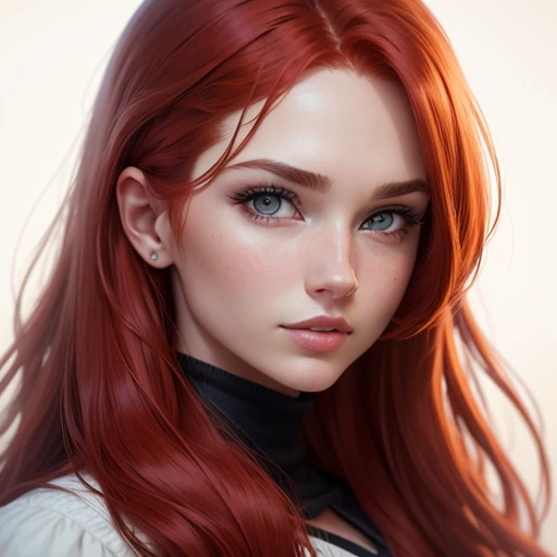 Super realistic features of the face of a beautiful 22-year-old red-haired woman. White background.