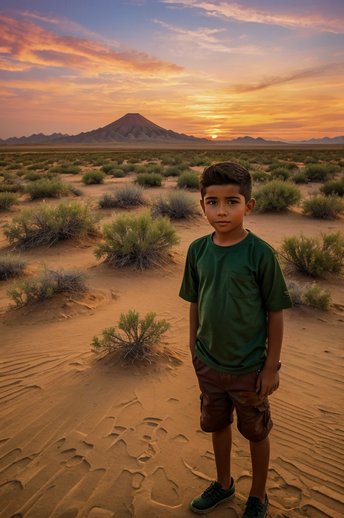 Oil paint of a boy in the middle of a mexican desert, green and red sky 