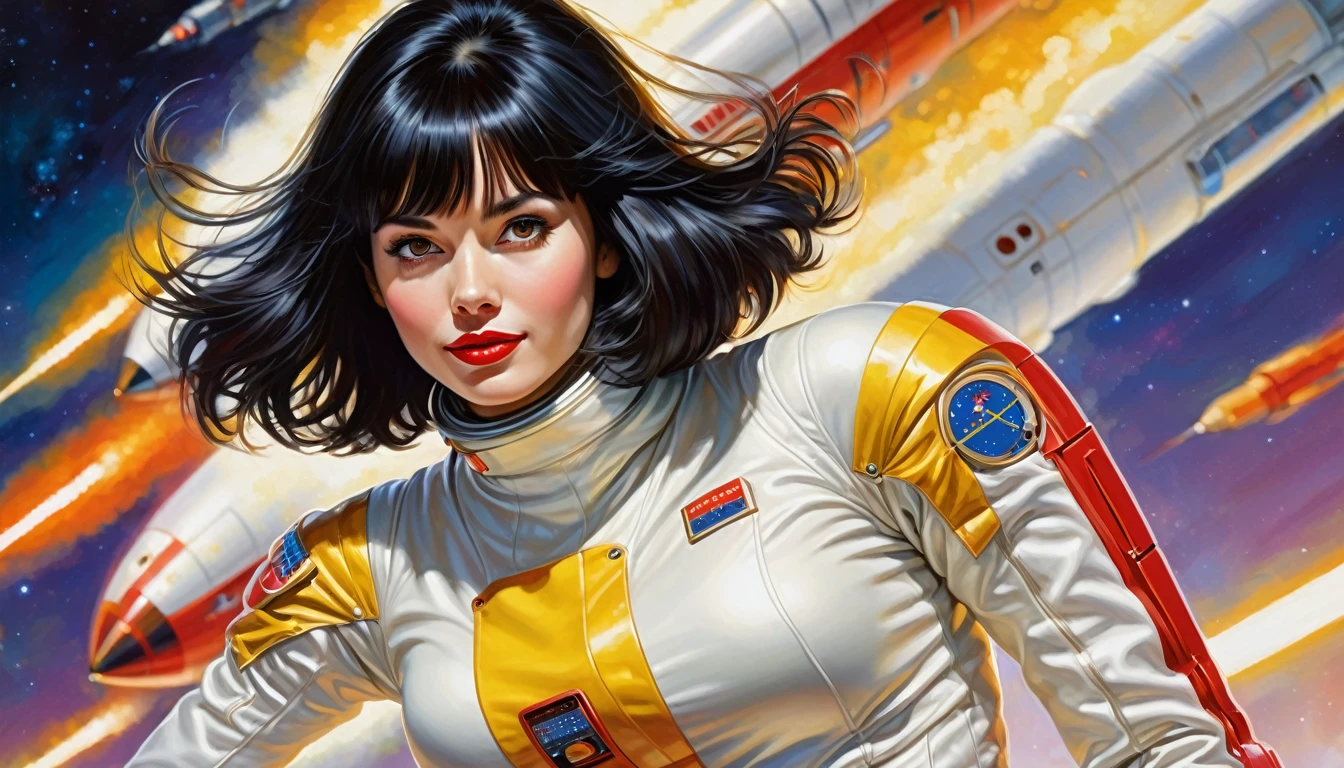 High-quality realistic acrylic painting, VIVID COLORS, back point a view, a beautiful european woman with shoulder-length black straight hair, bangs, looking at the viewer with suspicious face and a shy smile, red lips, she wears white space suit, hands in the waist, dramatic yellow red lights, background night in 60´s rocket launch platform