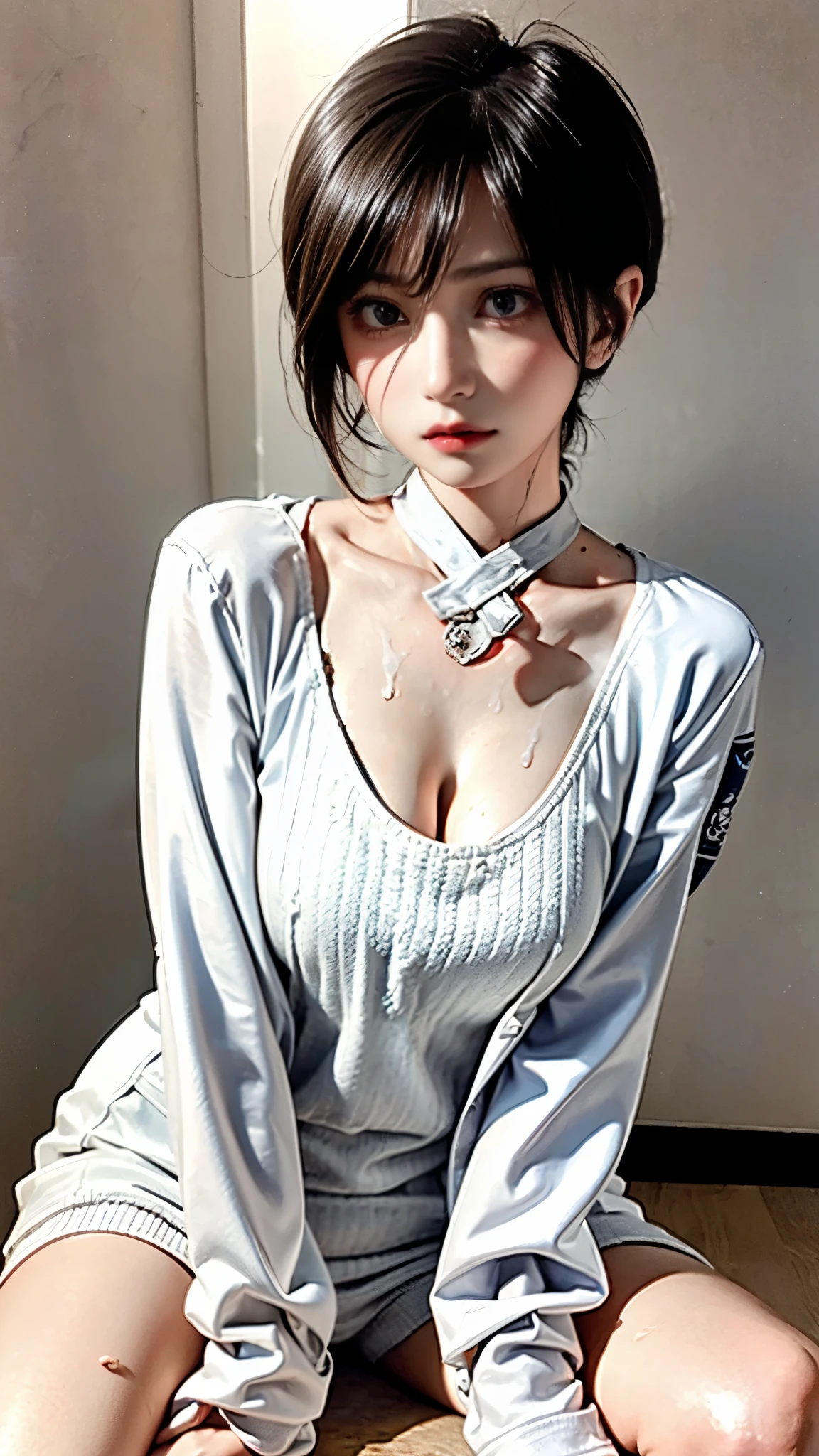 1girl in, POV, 1boy,  between breasts,   , Sweat, cleavage, , , Room, full of sweat, Large breasts, motion line, motion-blur, Warm summer, white  shirt,Precise features and delicate expressions,huge breasts are wet,Very beautiful woman,、((trembling))、(Slim and thick ),Toned body、Composition of the whole body、Perfect human body、(((Sweat,steam, Oil,gleaming skin、realistic skin textures、Detailed beautiful skin、Shiny skin、shiny white skin)))、Boy's room、Study guidance by a private tutor、reward、darkened room、Studying、((Vertical ribbed sweater dress with open neckline)), Holding a red pen、Spread your legs in front of you、Embarrassing and embarrassed face、astonished face、wearing lab coat、science women、flask、beaker microscope、science books、Woman straddling a man