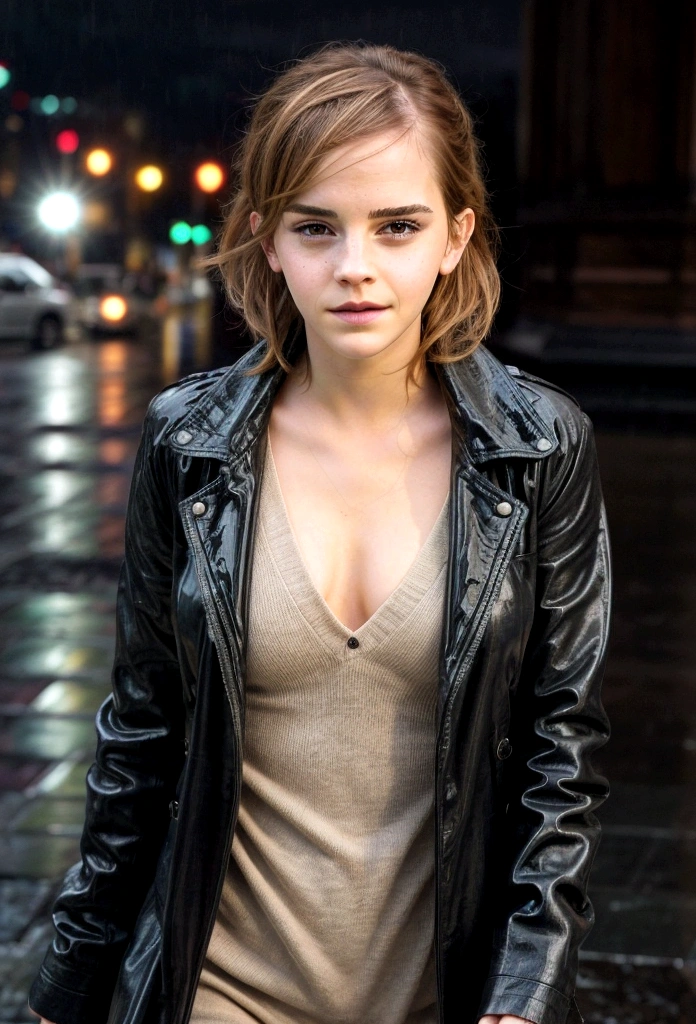 actress Emma Watson walking in the rain on a very rainy day, strong wind, big breasts, with little clothing, view from below, camera from afar, detailed image, high quality, oppai