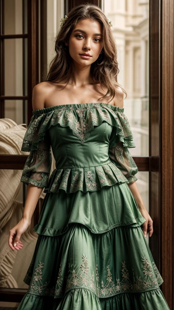 elegant long green princess dress, off the shoulder, flowy, layered skirt, detailed lace floral detailing, highly detailed.