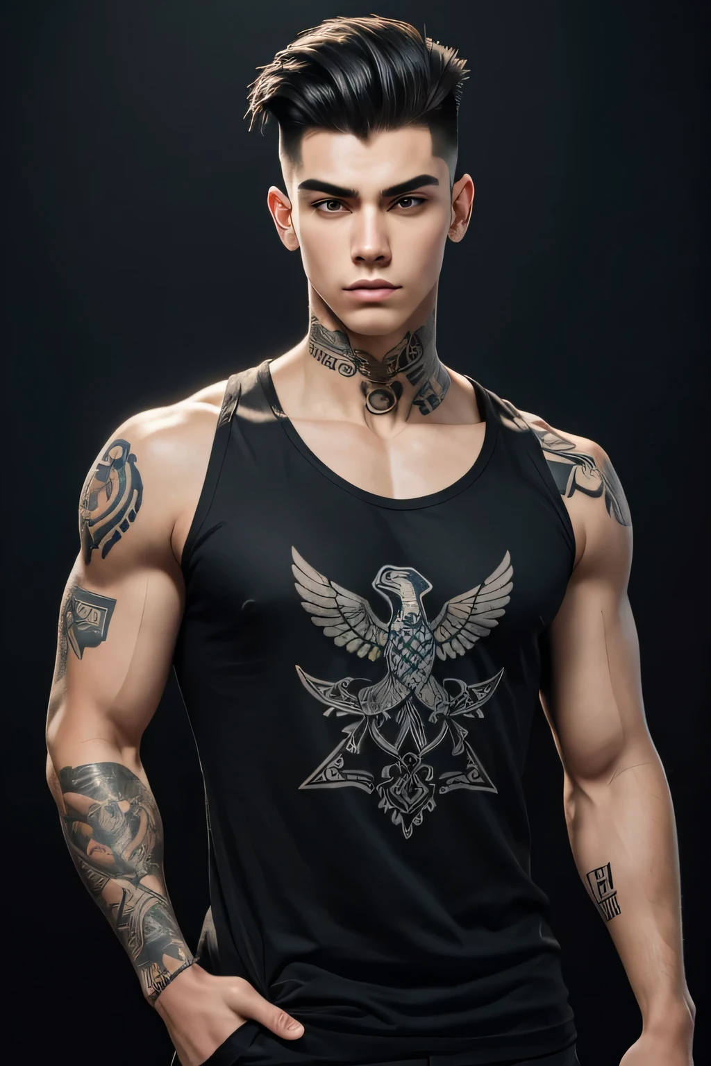 I would like a cartoon style drawing of a 19 year old boy. He is tall and muscular, with very masculine features such as a defined jaw and thick eyebrows. He has tattoos on his back and a bird tattoo on his right shoulder.. The hair is modern, short on the sides and longer on top. Your facial expression should be confident or serious, according to your criteria. Wear a black short sleeve t-shirt, His gaze is penetrating