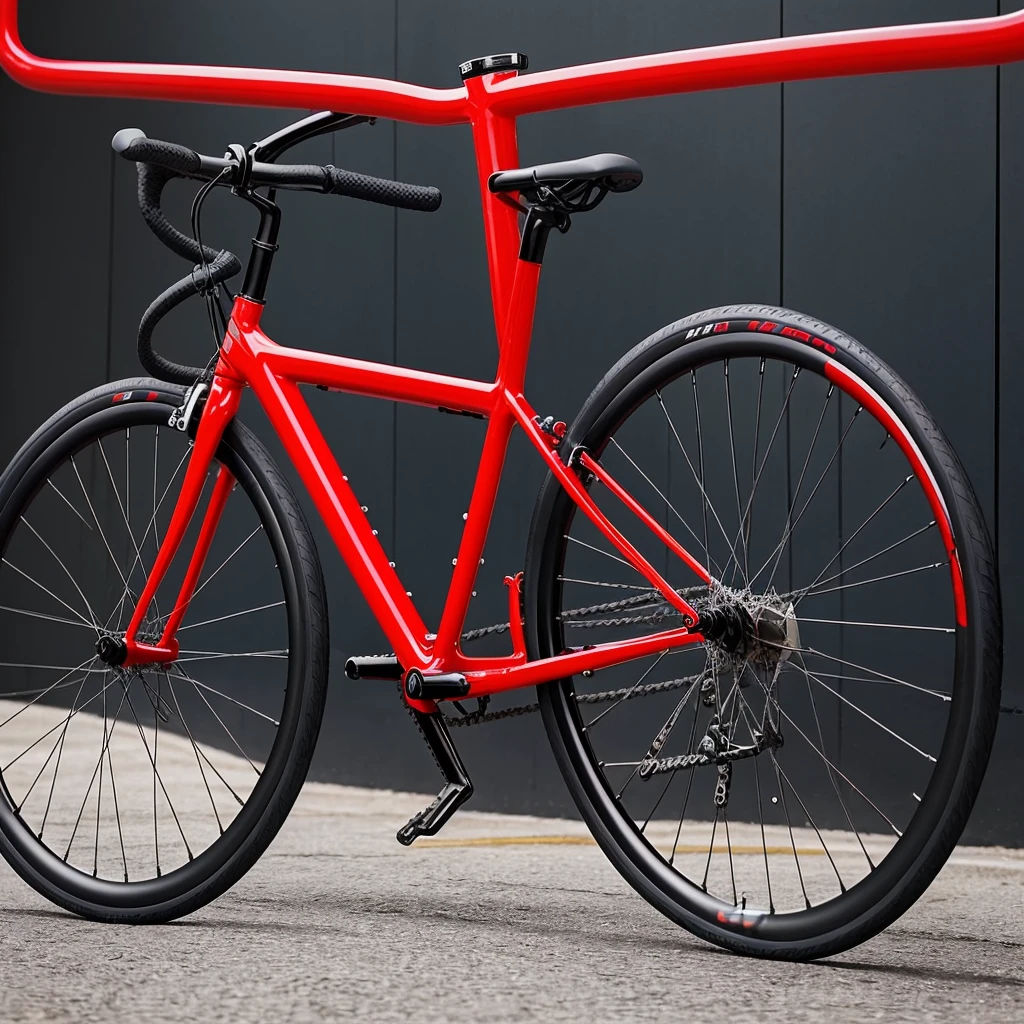 Generate a high-resolution image of a black fixie bike with a sleek, minimalistic frame design. The bike should have curved drop handlebars wrapped in bright red tape. The bike should also feature a pair of striking red rims that complement the black tires. Additionally, include a red saddle that matches the color of the handlebar tape and rims.