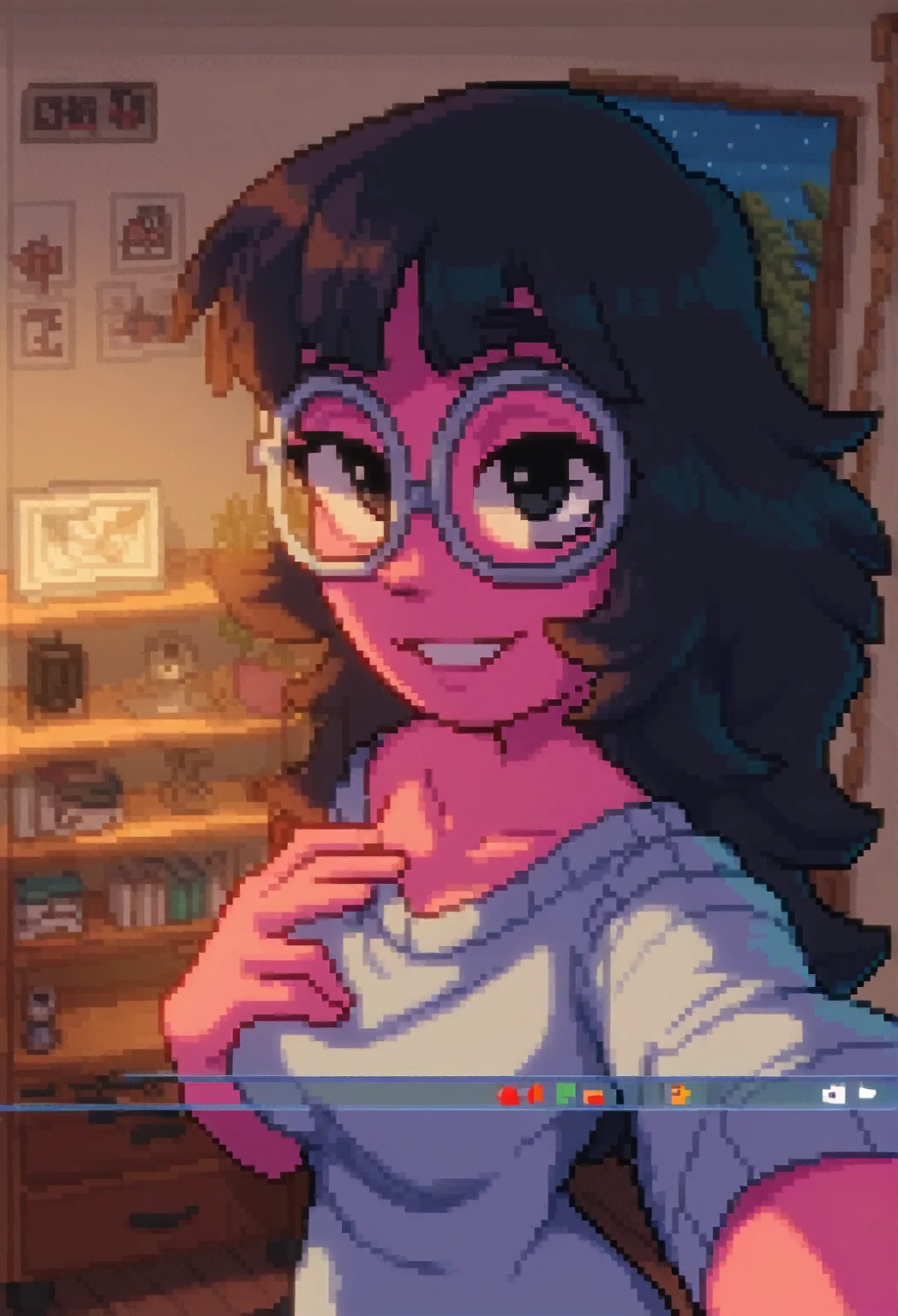 pixel art, Veronica Cipher ((upper body selfie, hapiness的)), Masterpiece, Superior quality, ultra detailed, alone, exterior, (evening), ROOM, gamer, (Star, officer) hapiness, hapiness的, sweater, have, wood, Get rich, shadow, Compared, clear sky, analogy style (View viewer:1.2) (texture) (film grain: 1.3), (cold colors, pastel colors): 1.2) close up, movie light, Side light, ultra high resolution, 背心shadow, RAW, wear a sweater, Kodak Vision 3, girl, Glasses, black eyes, (black hair, wide, messy fur) pink skin, showing the dinners.