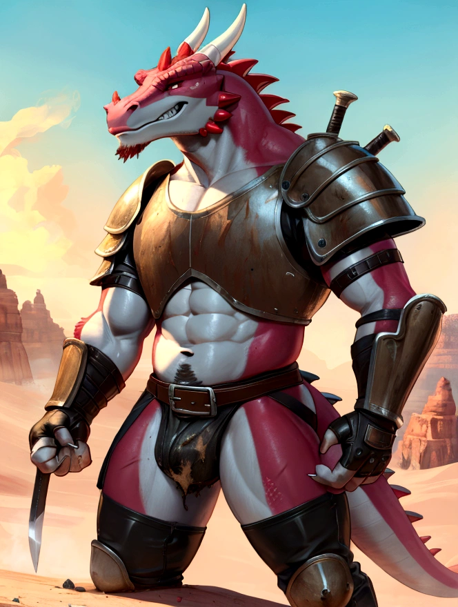 Solo Sexy young anthro scalie dragon male mercenary medieval solider, slim endomorph muscular, anthro handsome gay shorter muzzle, handsome gay model male apperance, sword scars, worn out leather skimpy armament, low on hips heavy leather belt, old very worn out skimpy dirty linen material jockstrap, old yellow dirty worn out stains on white sawn jockstrap, very visible "x" brown seam pattern on the jockstrap, studded skimpy armlets breastplate armor, skimpy breastplate, red red red husk, leather bondages, fingerless leather gloves, smelly unwashed husk, dirty body look, desert battlefield, standing in sexy fighting position, horny dirty playfull grin, close view of full character