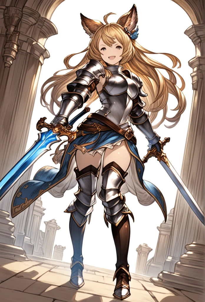 granblue_fantasy_style_xl, granblue, 1girl, armor, black_legwear, blonde_hair, boots, braid, erune, full_body, holding, holding_sword, holding_weapon, long_hair, looking_at_viewer, open_mouth, simple_background, smile, solo, standing, sword, thighhighs, weapon, white_background,
shaded face, intricate detail, cinematic lighting, amazing quality, amazing shading, detailed Illustration, official artwork, wallpaper, extremely detailed eyes and face, beautiful detailed eyes, ((masterpiece, best quality)),
from below, dutch angle,