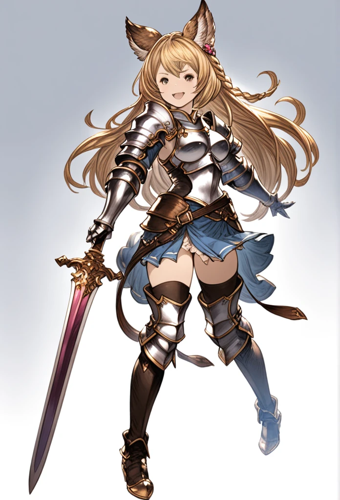 granblue_fantasy_style_xl, granblue, 1girl, armor, black_legwear, blonde_hair, boots, braid, erune, full_body, holding, holding_sword, holding_weapon, long_hair, looking_at_viewer, open_mouth, simple_background, smile, solo, standing, sword, thighhighs, weapon, white_background,
shaded face, intricate detail, cinematic lighting, amazing quality, amazing shading, detailed Illustration, official artwork, wallpaper, extremely detailed eyes and face, beautiful detailed eyes, ((masterpiece, best quality)),
from below, dutch angle,
